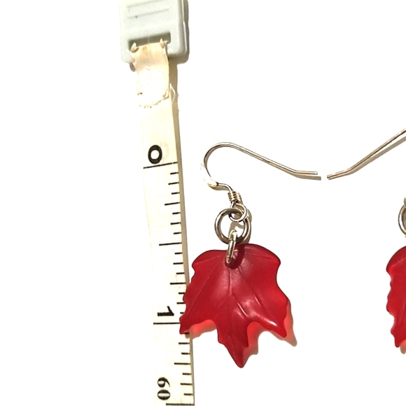 DARK RUBY RESIN MAPLE LEAVES .925 HOOK DROP DANGLE 1.5" EARRINGS - Picture 5 of 9